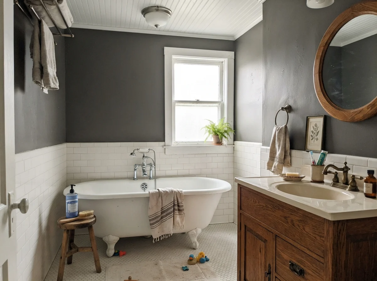 Cottage bath with clawfoot tub, oak vanity, and Iron Mountain walls.