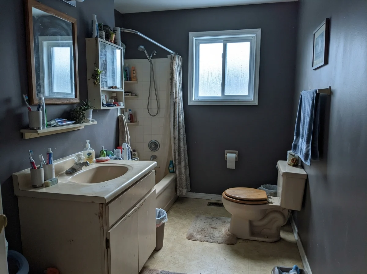 Dated bathroom showing cool cast on Iron Mountain walls with beige vanity.