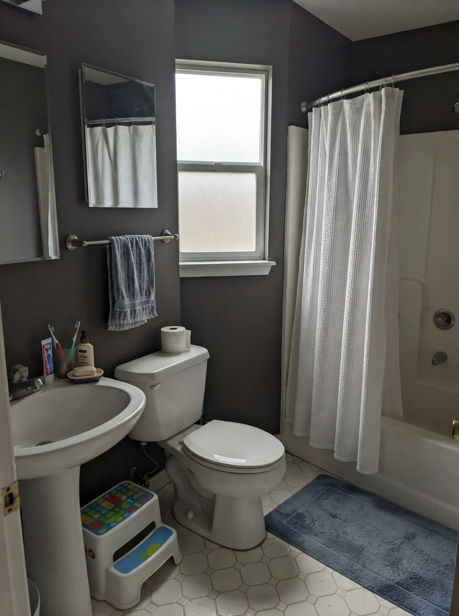 Small bathroom with Iron Mountain walls reading gray and flat under overcast light.