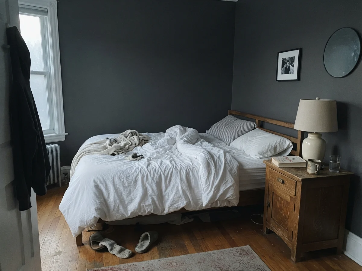 Simple bedroom in cool morning light with unmade bedding and wood nightstand.