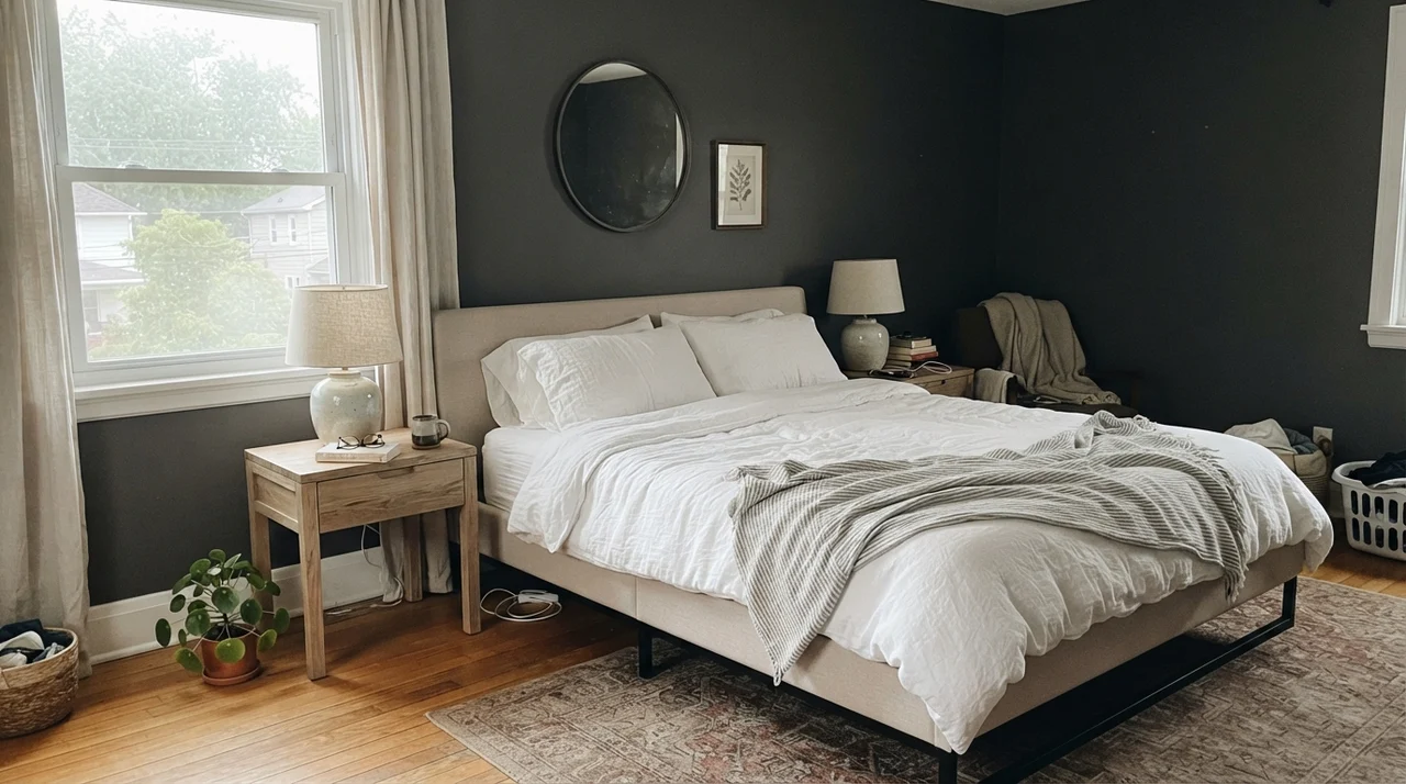 Master bedroom with Iron Mountain walls, pale oak nightstands, and linen bedding.