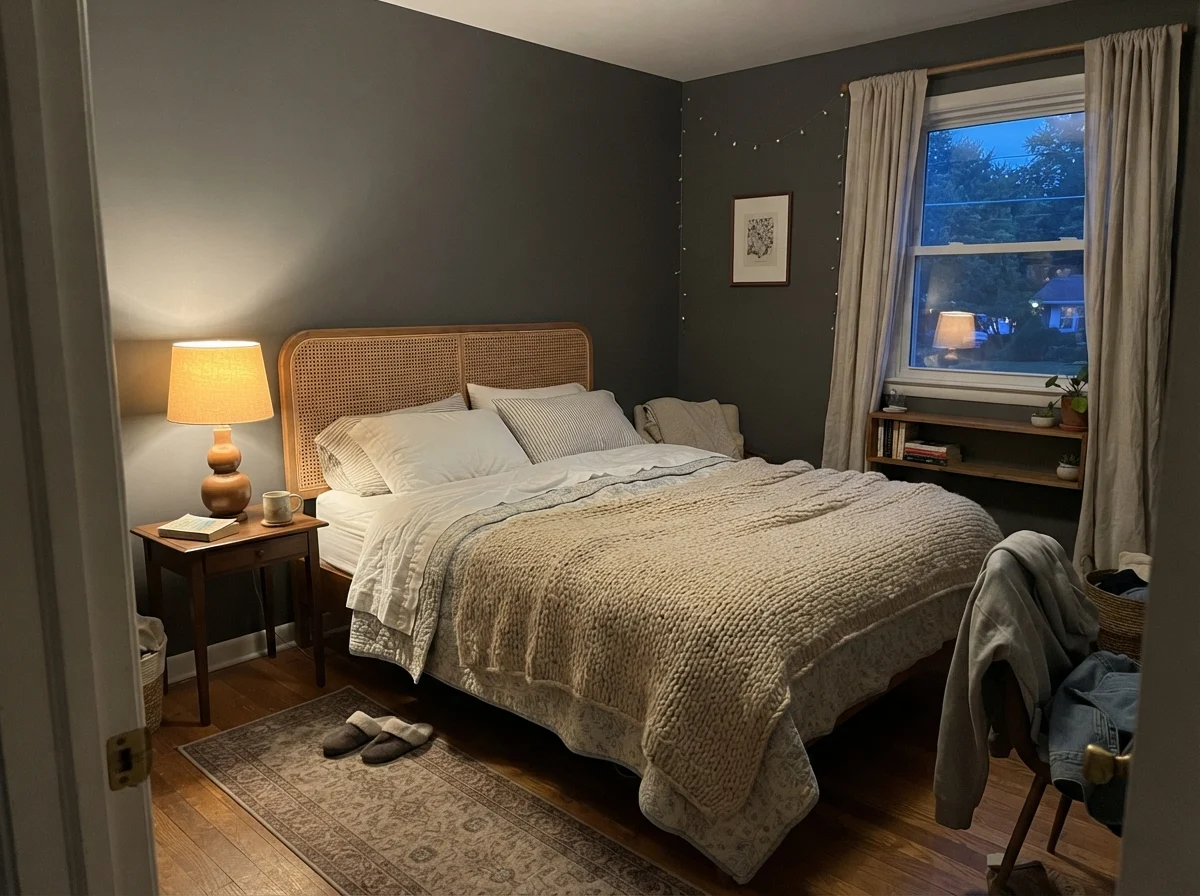 Bedroom at dusk with warm lamp glow illuminating Iron Mountain wall.