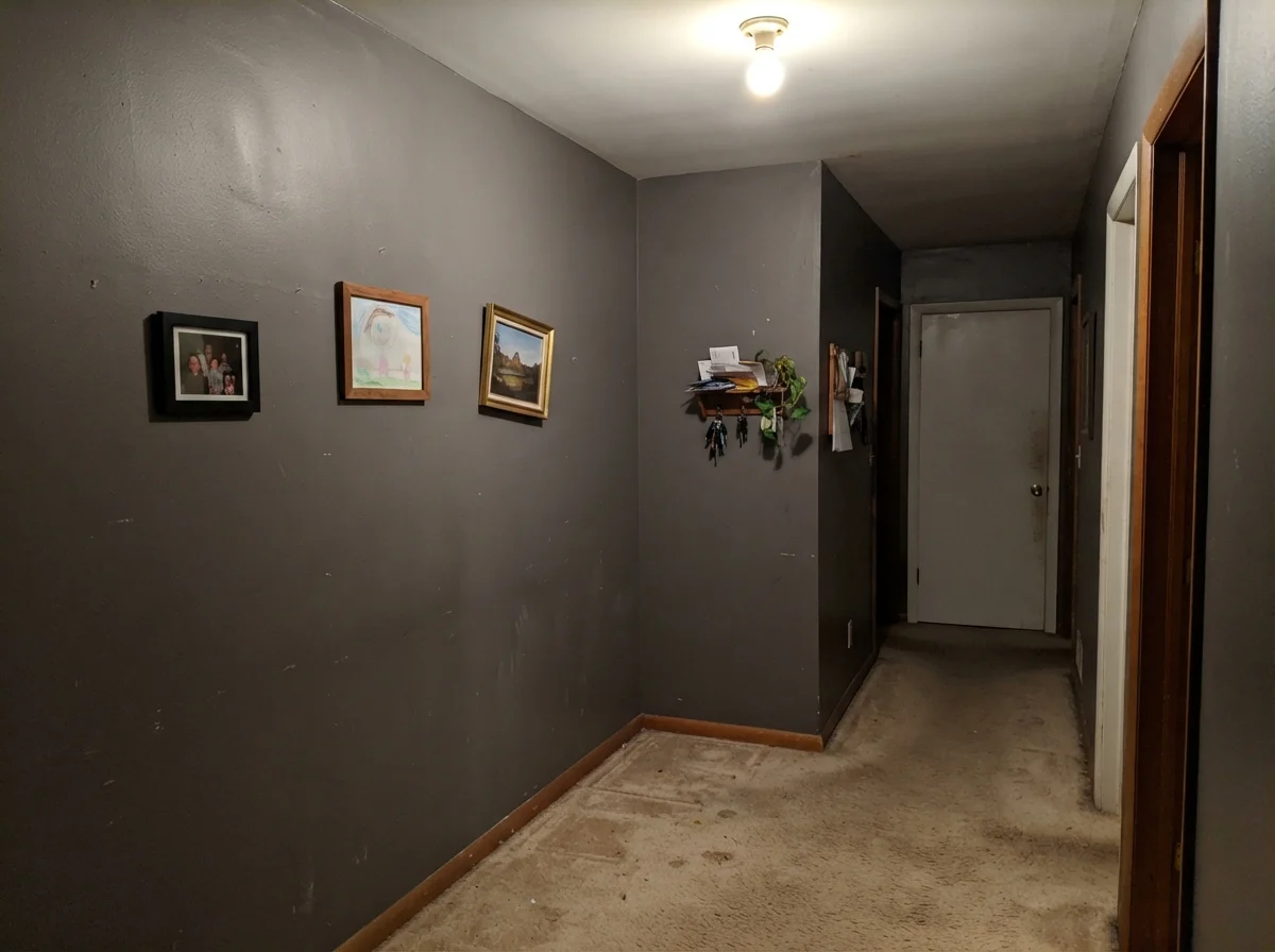 Windowless hallway corner showing Iron Mountain reading flat and muddy under a ceiling bulb.
