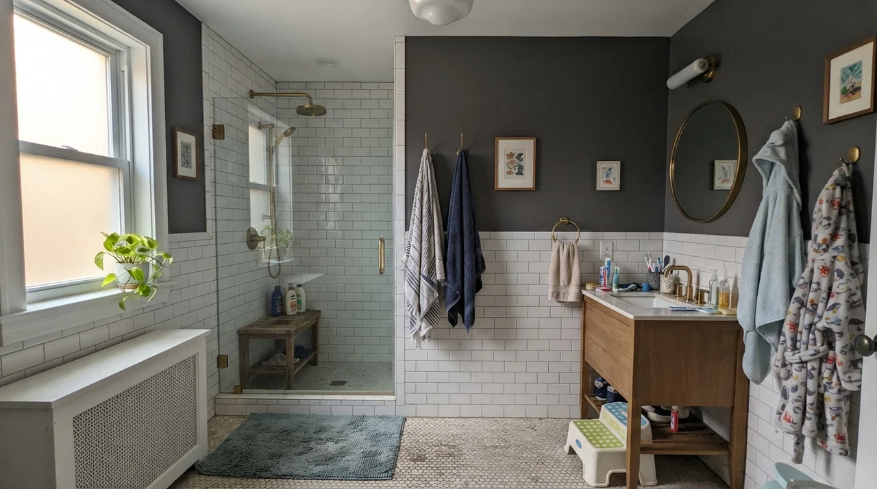 Family bathroom with painted upper walls and white subway tile wainscoting.