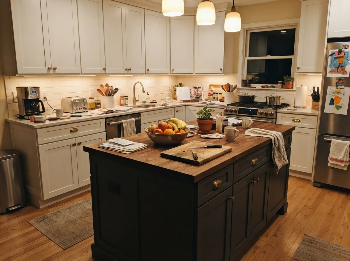 Family kitchen with dark painted island against white perimeter cabinets.