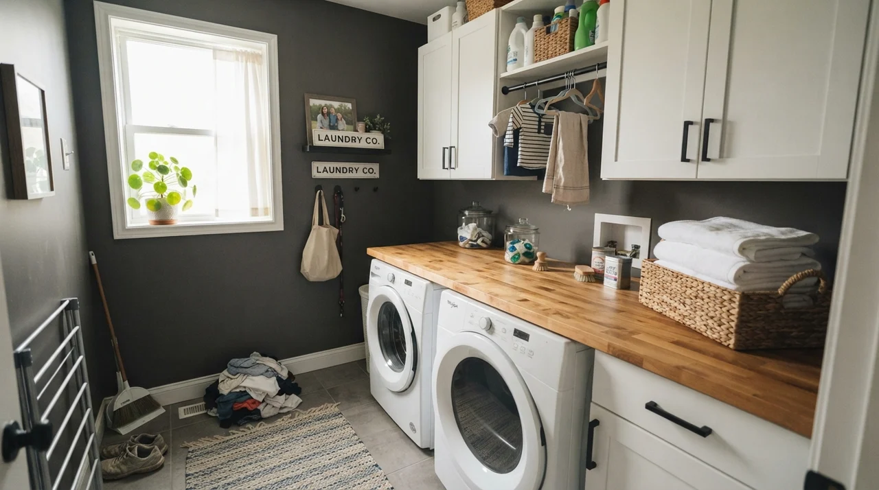 Bright laundry room with Iron Mountain walls, white washer dryer, and butcher block.