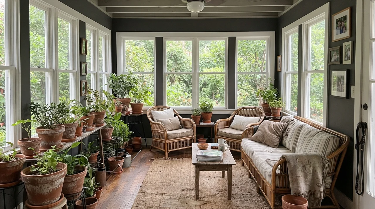 Sunroom with painted wall sections between windows and terracotta pots.