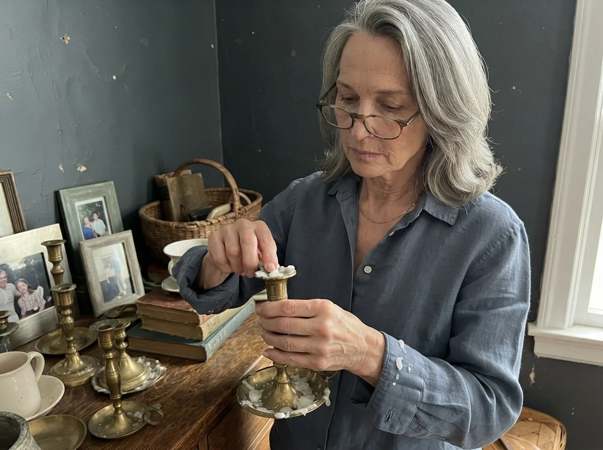 Susan Hartley at a dining sideboard scraping wax from a brass candlestick against Iron Mountain walls.