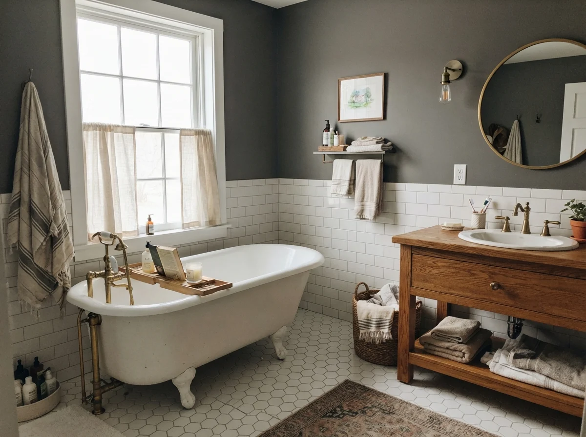 Cottage bathroom with Kendall Charcoal walls, white clawfoot tub, white hex tile floor, and oak vanity.