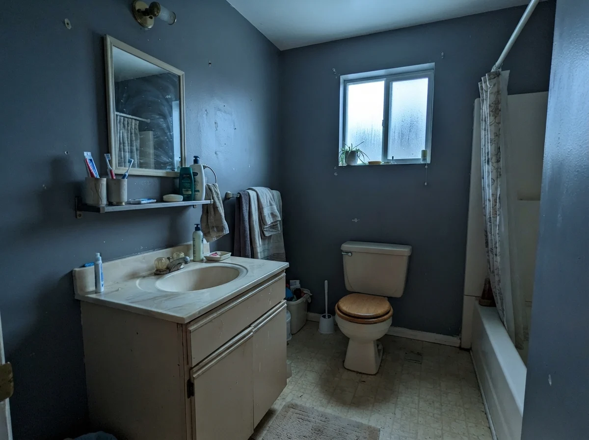 Modest bathroom showing Kendall Charcoal walls with a cool cast next to a beige vanity and small window.