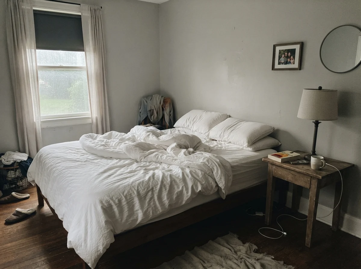 Simple bedroom with Kendall Charcoal walls looking pale in cool morning daylight.