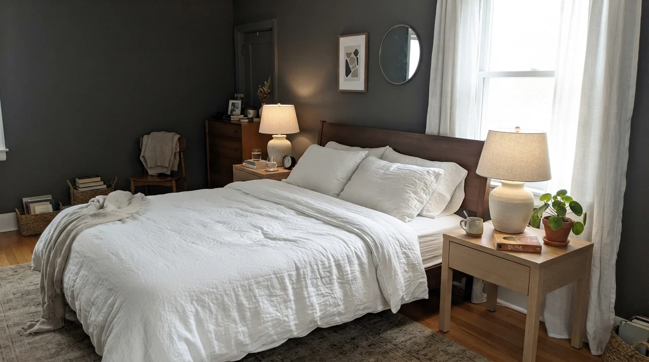 Serene main bedroom with Kendall Charcoal walls, pale oak nightstands, and crisp white bedding.
