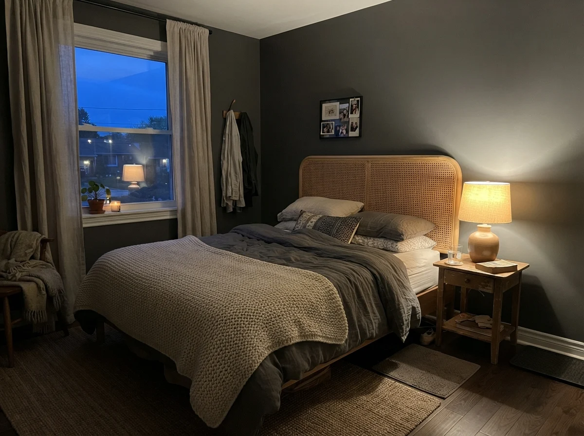 Bedroom with Kendall Charcoal walls warmed by table lamp glow at dusk.