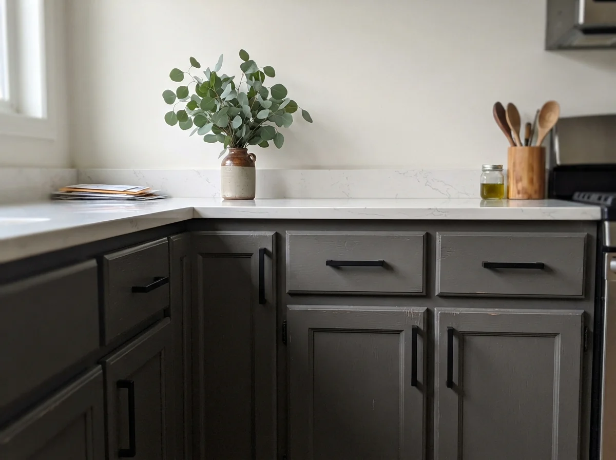 Close-up of Kendall Charcoal shaker cabinet doors with matte black handles and quartz counter.