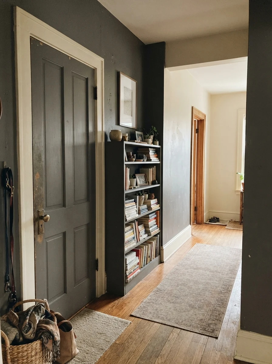 Older hallway with a Kendall Charcoal painted interior door and built-in bookshelf.
