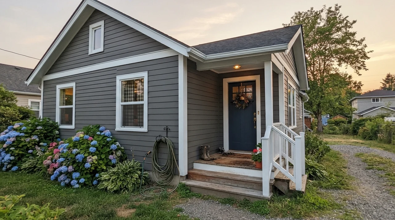 House exterior with Kendall Charcoal siding, white trim, and a dark navy front door at dusk.