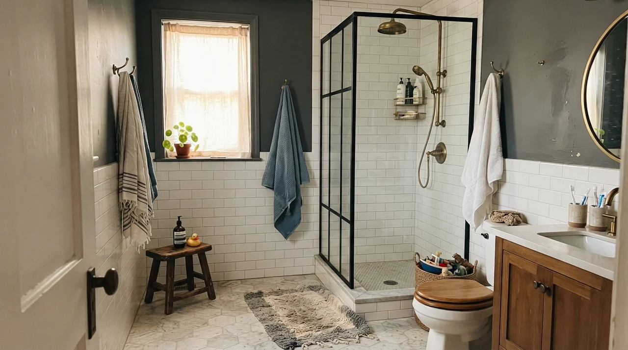 Family bathroom with Kendall Charcoal upper walls above white subway tile wainscoting and brass shower fixtures.