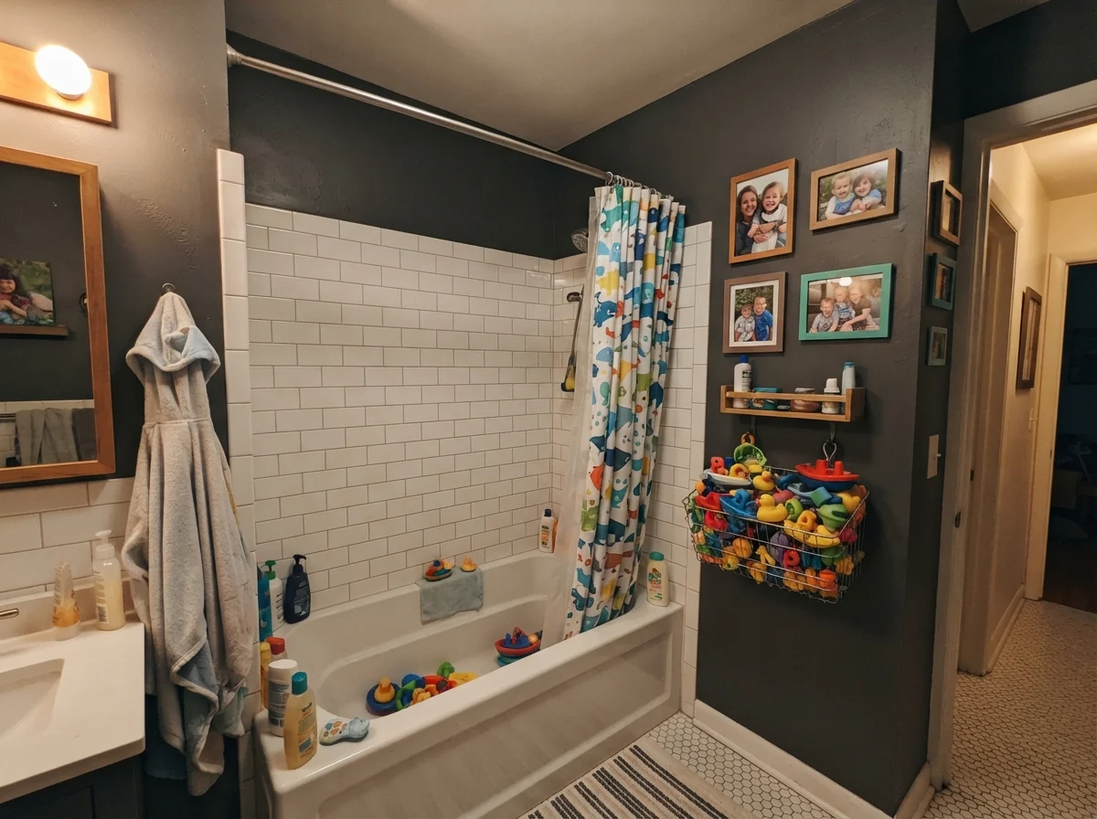 Kids' bathroom with Kendall Charcoal upper walls over white subway tile and bath toys.
