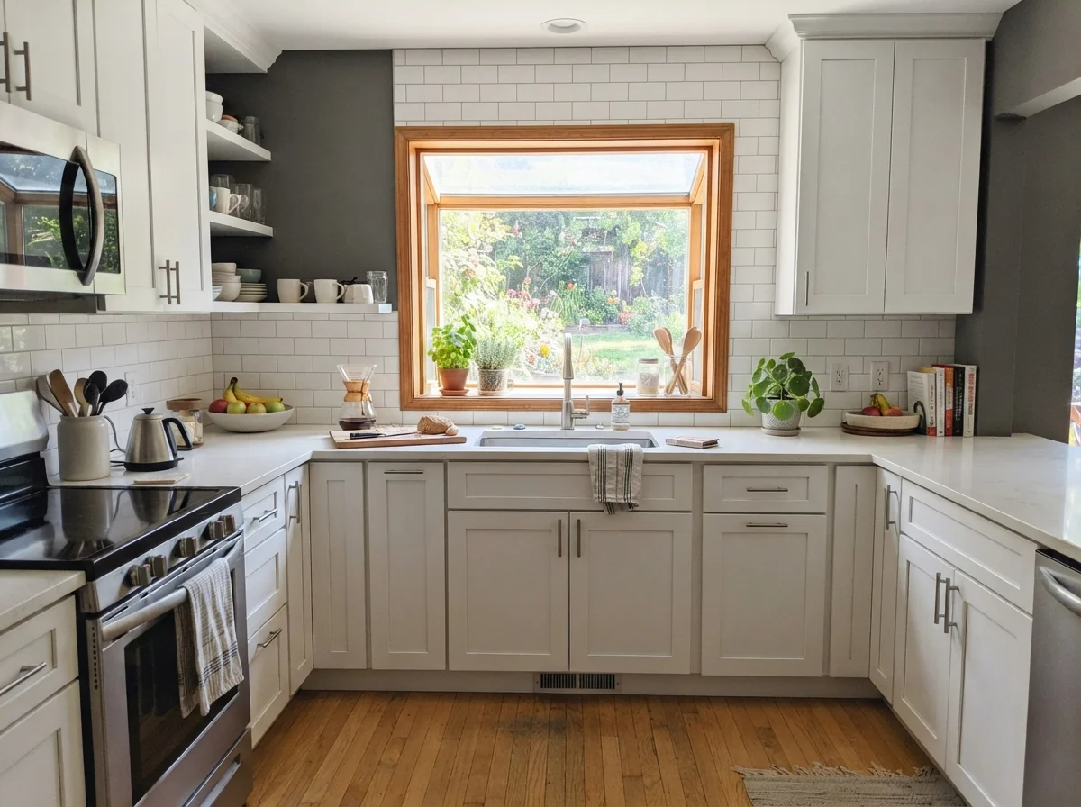 Kitchen with shaker cabinets painted Kendall Charcoal, white subway tile backsplash, and light oak floor.