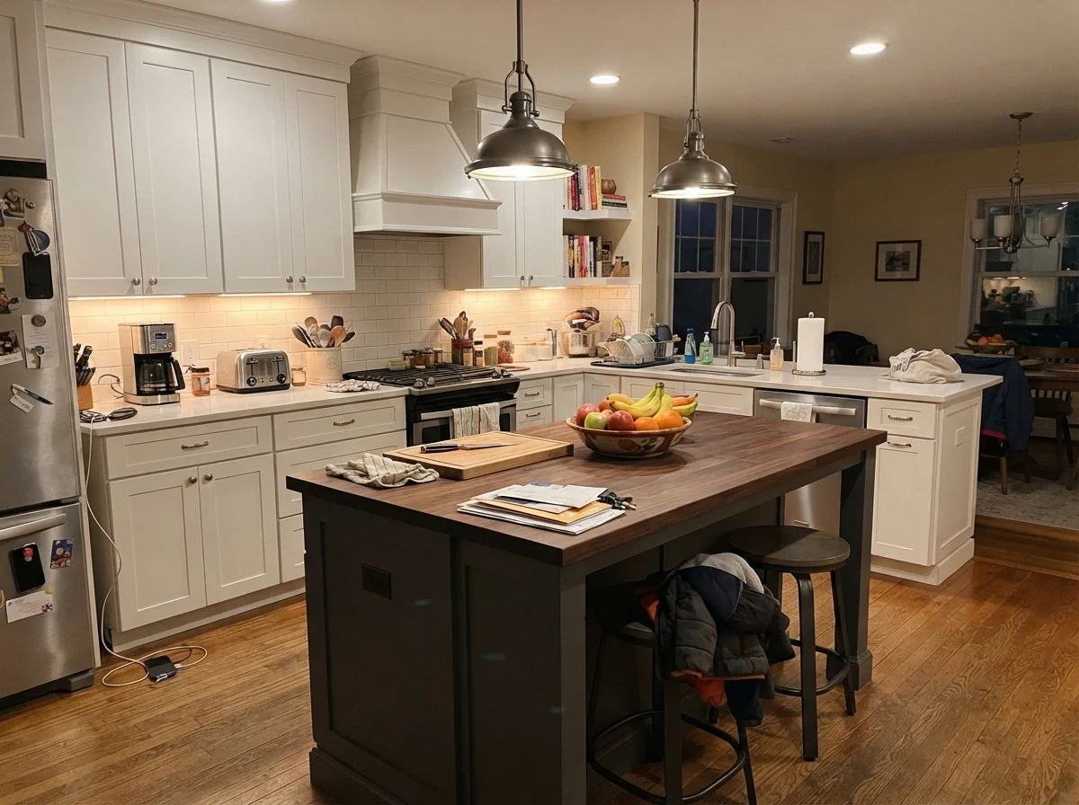 Family kitchen featuring a Kendall Charcoal island surrounded by white cabinets and cream walls.