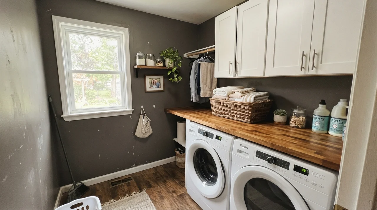 Bright laundry room with Kendall Charcoal walls, butcher-block counter, and white cabinets.