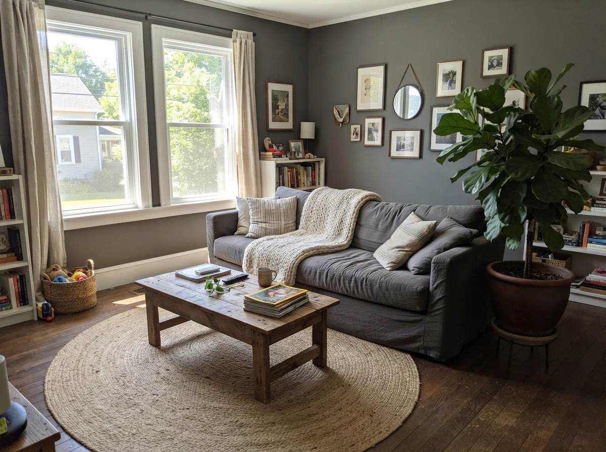 Living room with Kendall Charcoal walls illuminated by generous midday sunlight.