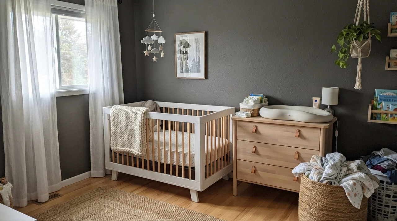 Nursery with Kendall Charcoal walls, white crib, and light wood dresser.