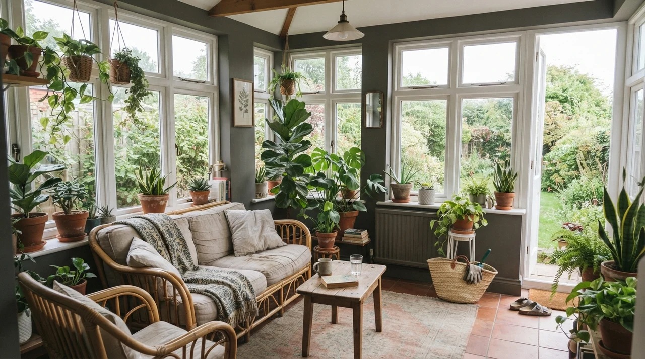 Sunroom with Kendall Charcoal wall segments between white window frames and terracotta pots.