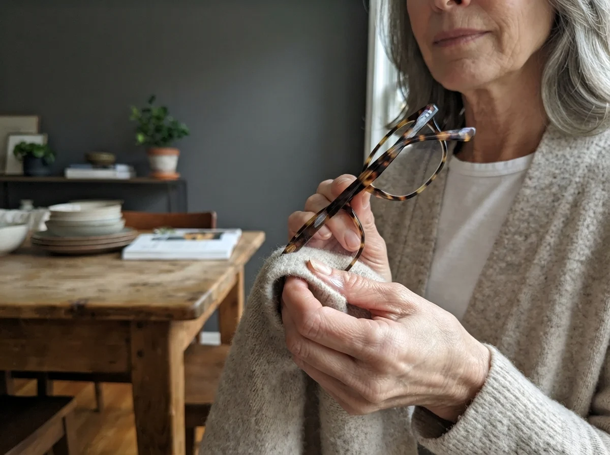 Susan Hartley wiping her glasses in her dining room with Kendall Charcoal walls.