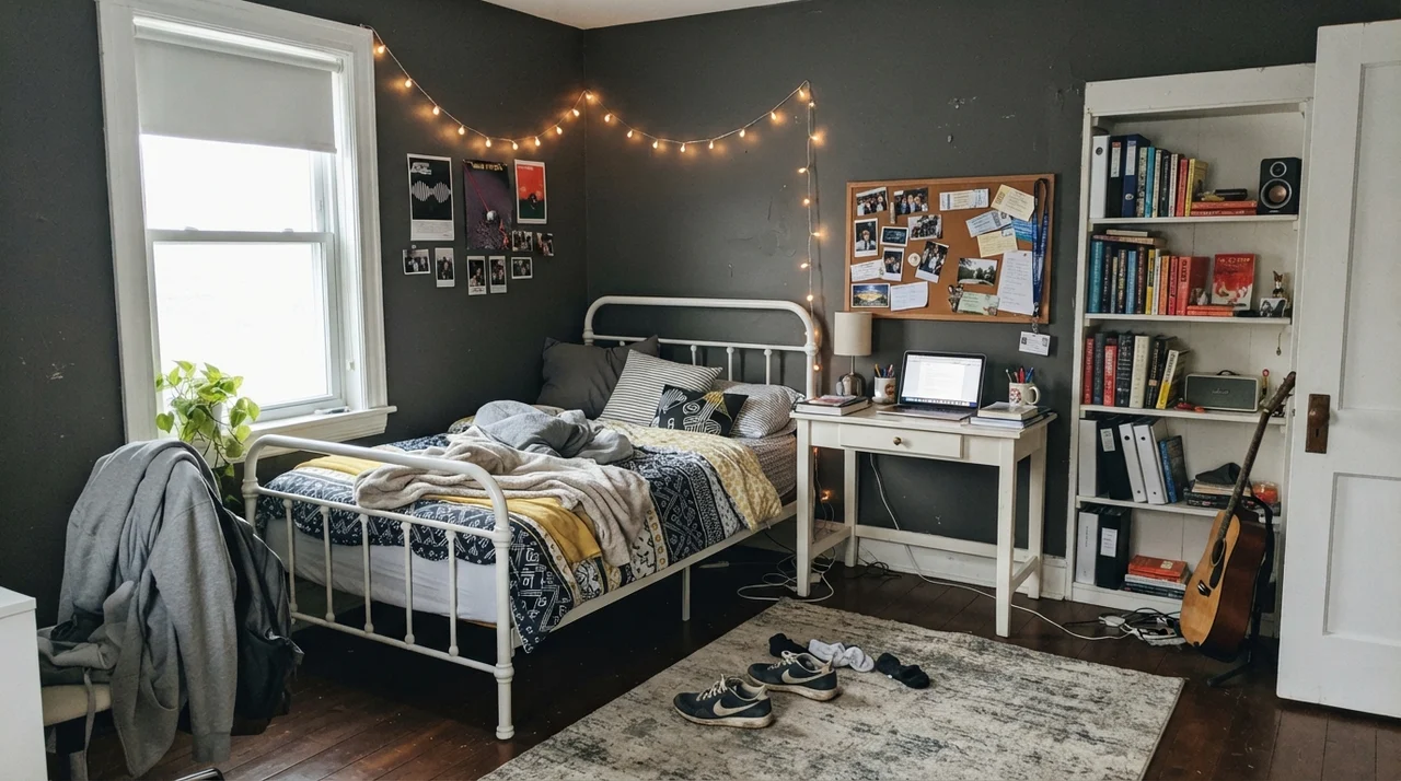 Teen bedroom with Kendall Charcoal walls, white desk, and metal bed frame.