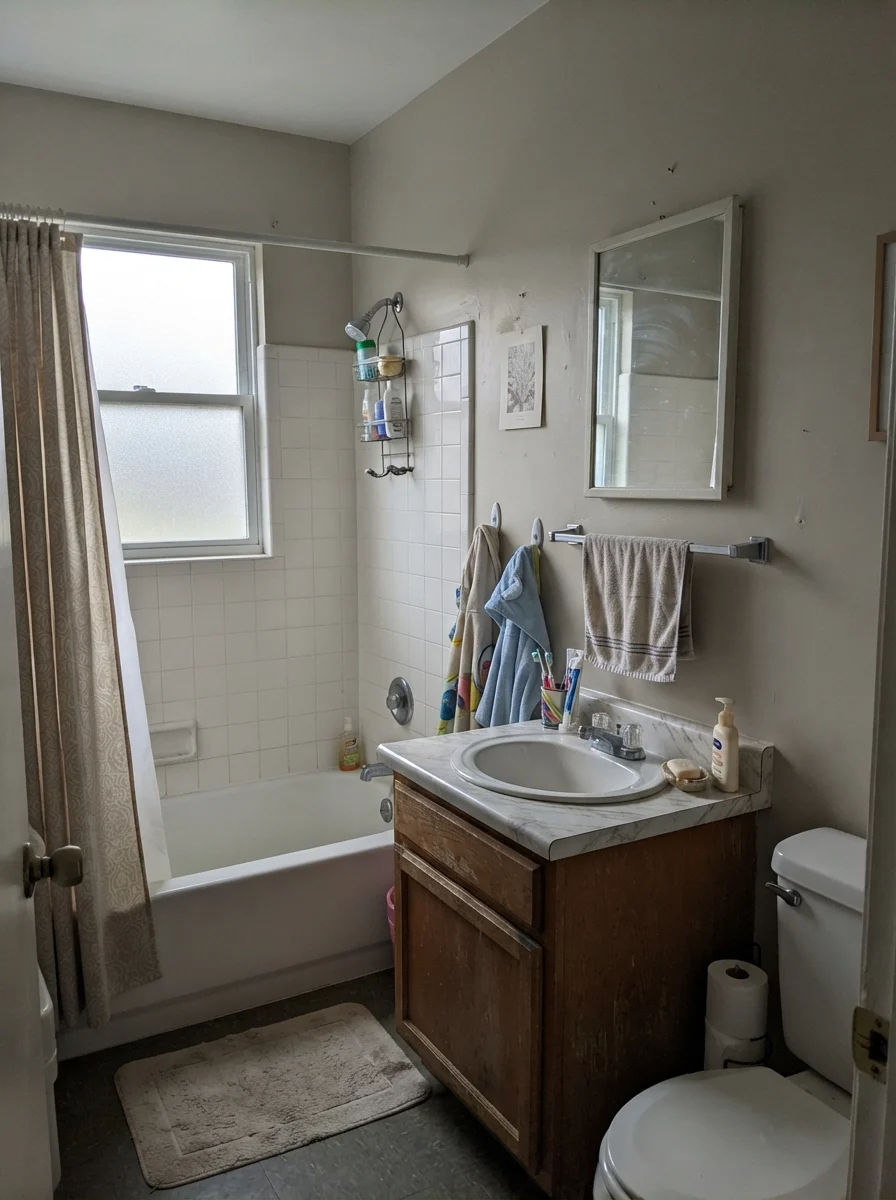 Small bathroom under flat overcast daylight showing Manchester Tan reading muted