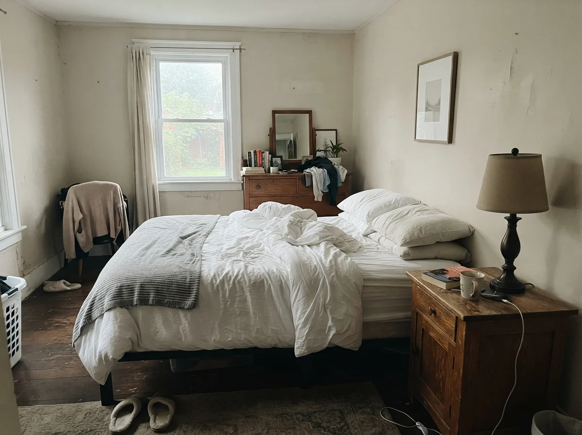 Bedroom in cool morning light with Manchester Tan painted walls and white bedding