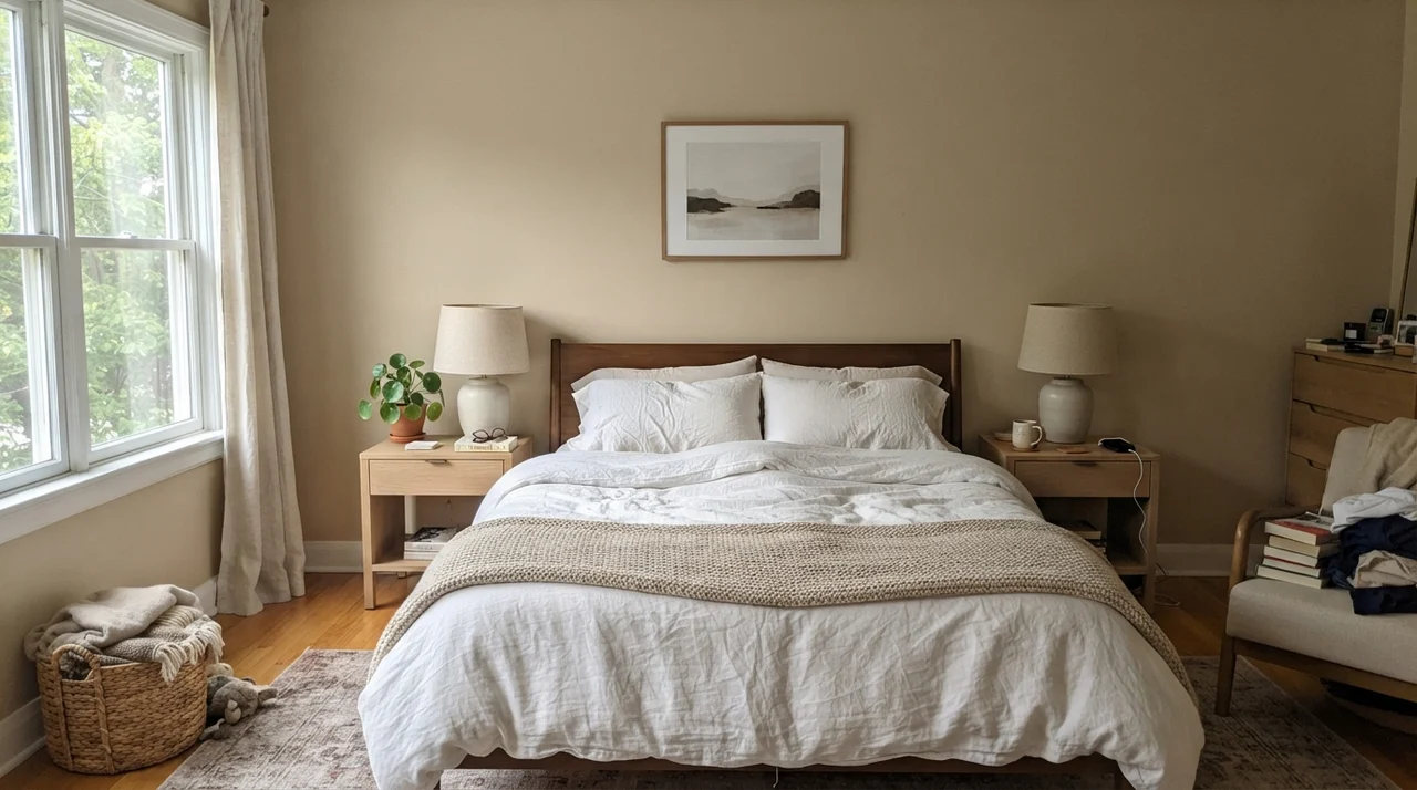 Main bedroom with Manchester Tan walls, white linen bedding, pale oak nightstands, and ceramic lamps