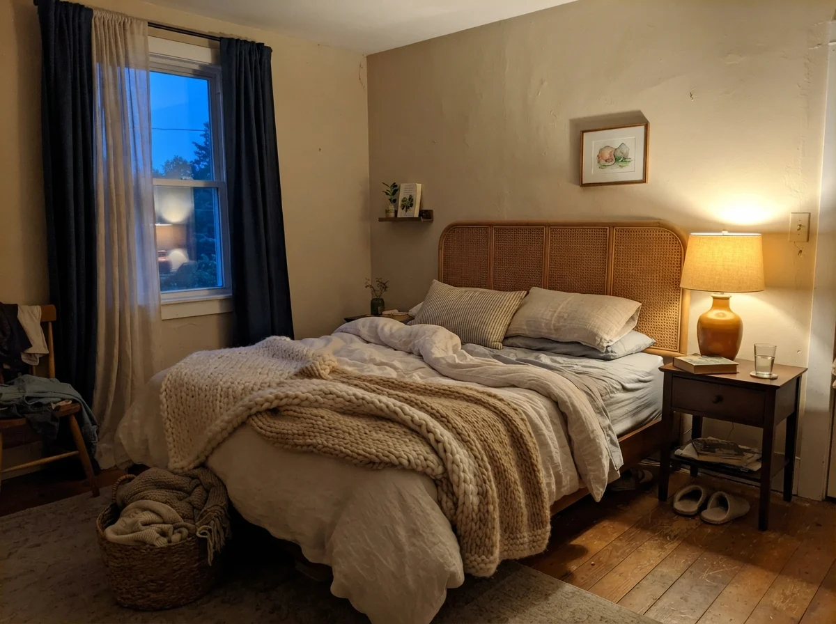 Bedroom in cozy evening lamp light with Manchester Tan painted wall and cane headboard