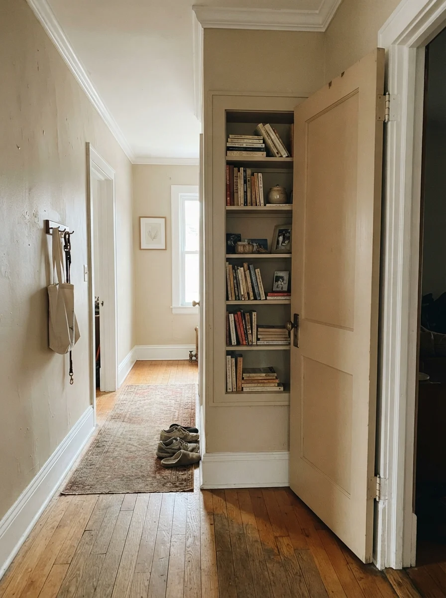 Hallway featuring interior door and built-in bookshelf painted Manchester Tan against cream walls