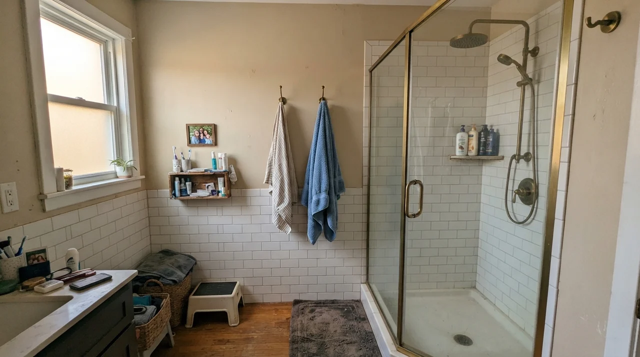 Family bathroom upper walls painted Manchester Tan above white subway tile wainscot with brass fixtures