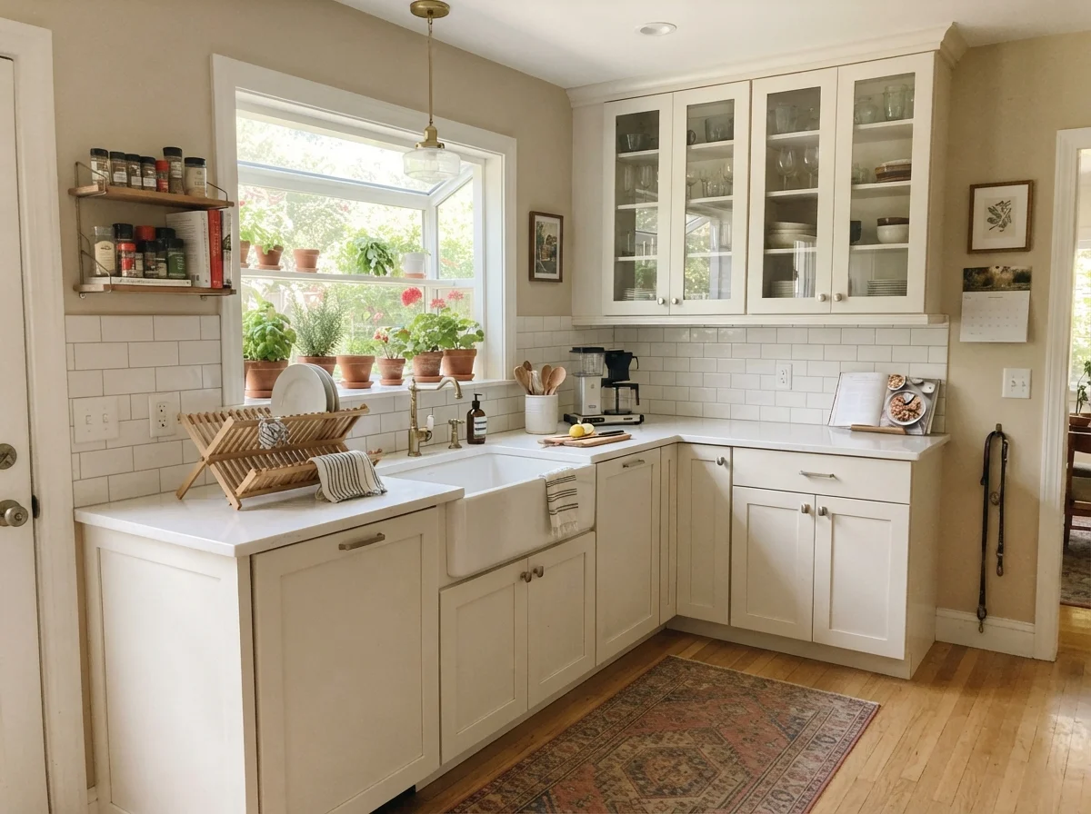 Kitchen shaker cabinets painted Manchester Tan with white counters, subway tile backsplash, and light oak floor