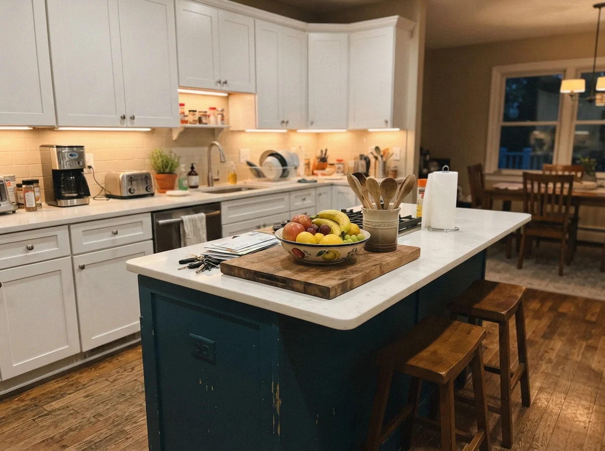 Family kitchen with island painted Manchester Tan, surrounding white cabinets, and everyday clutter