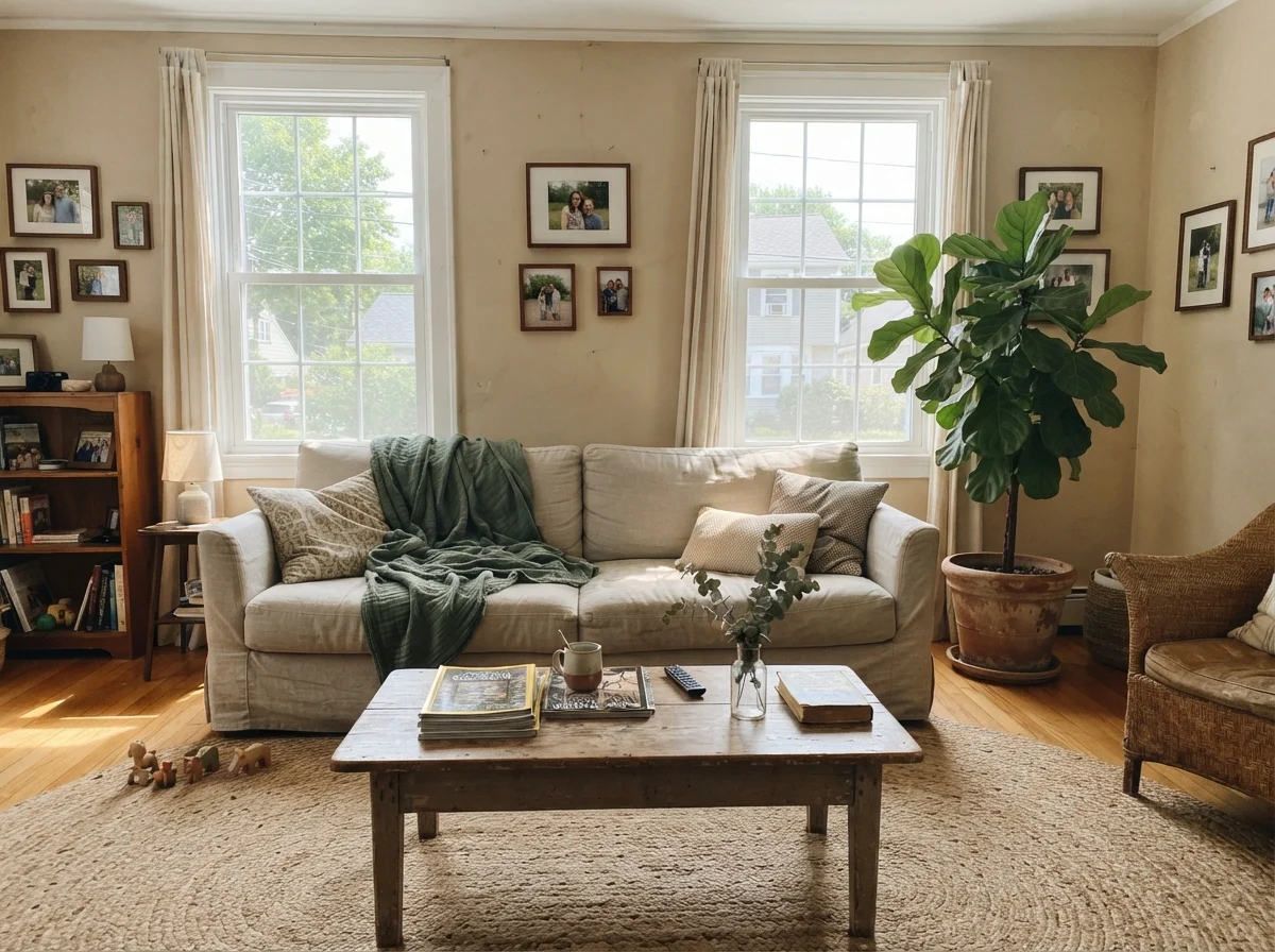 Sunlit living room with Manchester Tan walls, linen sofa, wood coffee table, and jute rug