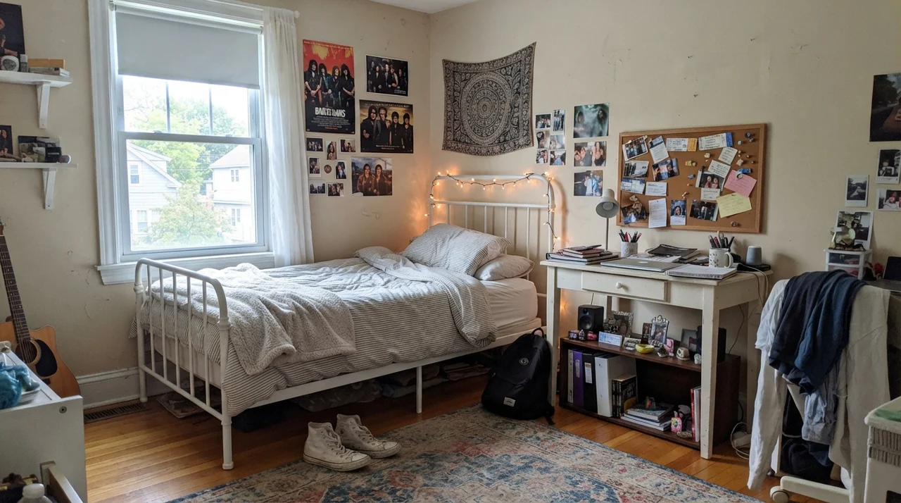 Teenager bedroom with Manchester Tan walls, white metal bed frame, desk, and shelves
