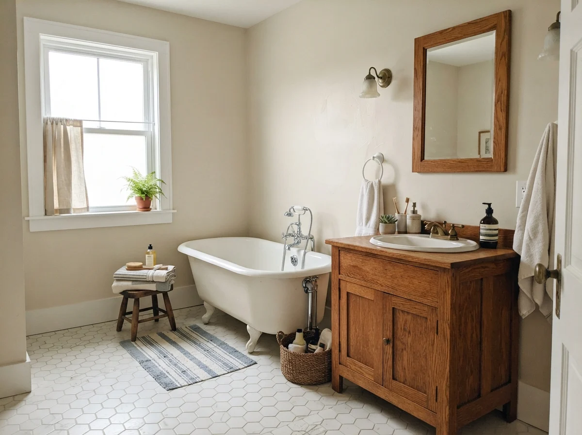 Cottage bathroom featuring white clawfoot tub, hex tile, oak vanity, and Natural Cream painted walls.