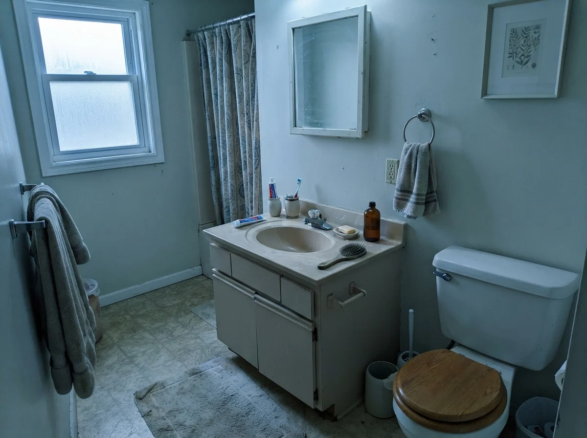 Dated bathroom showing Benjamin Moore Natural Cream walls under cool north light with beige vanity.