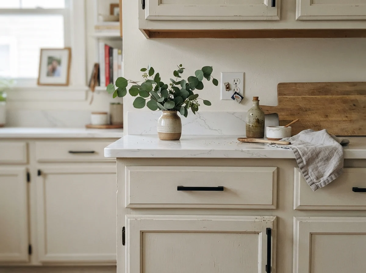 Close-up of Natural Cream painted cabinet doors with matte black handles and white quartz counter.