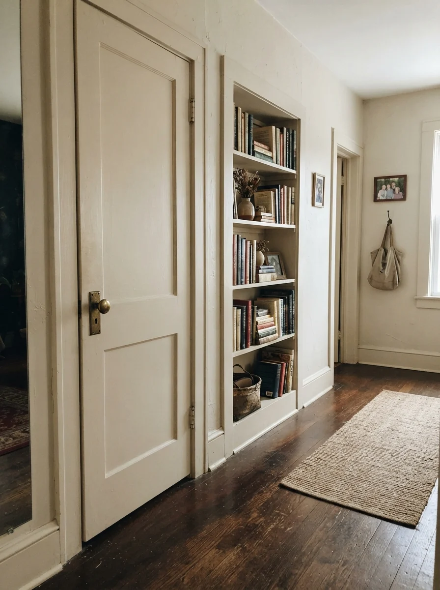 Hallway featuring built-in bookshelf and door painted in Natural Cream with brass doorknob.