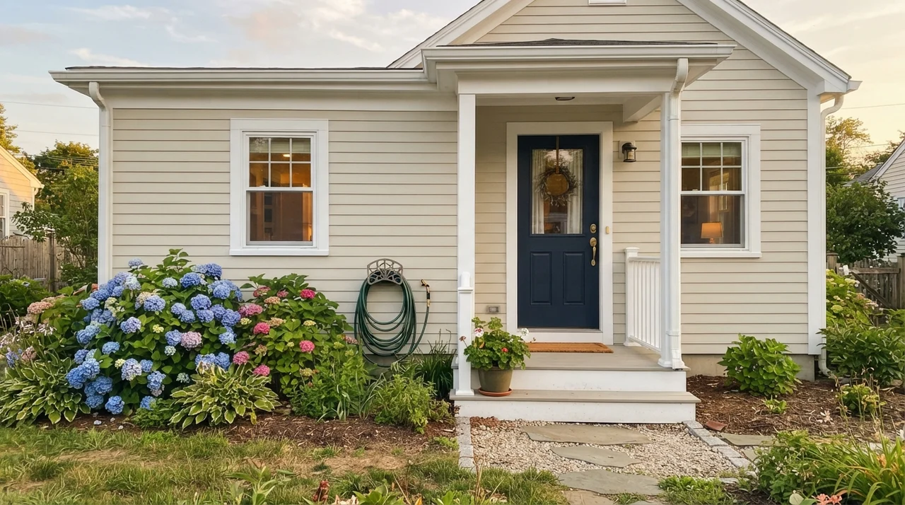 House exterior with horizontal siding painted in Benjamin Moore Natural Cream, white trim, and dark navy front door.