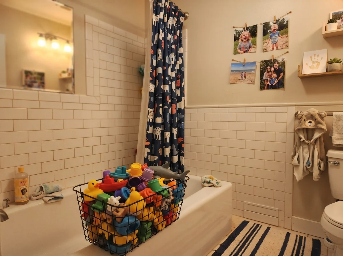 Kids bathroom with Natural Cream walls over white subway tile with bath toys and family photos.