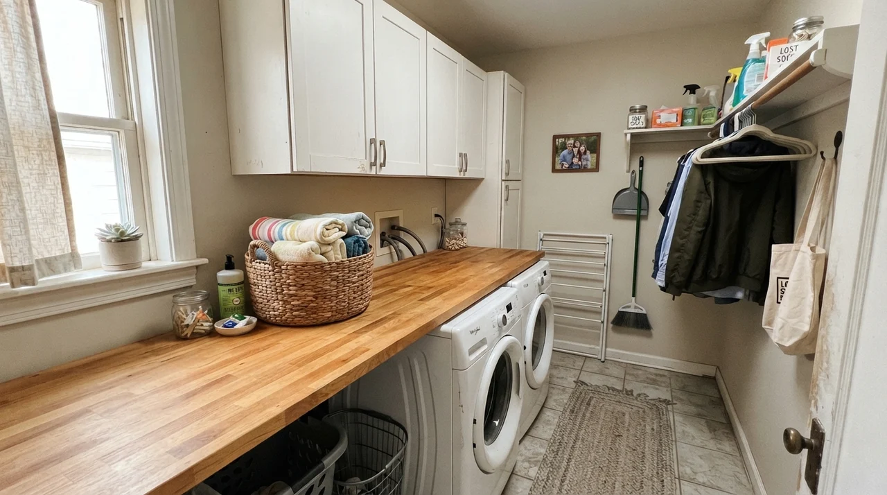 Small laundry room with Natural Cream walls, butcher block counter, white cabinets, and washer dryer.