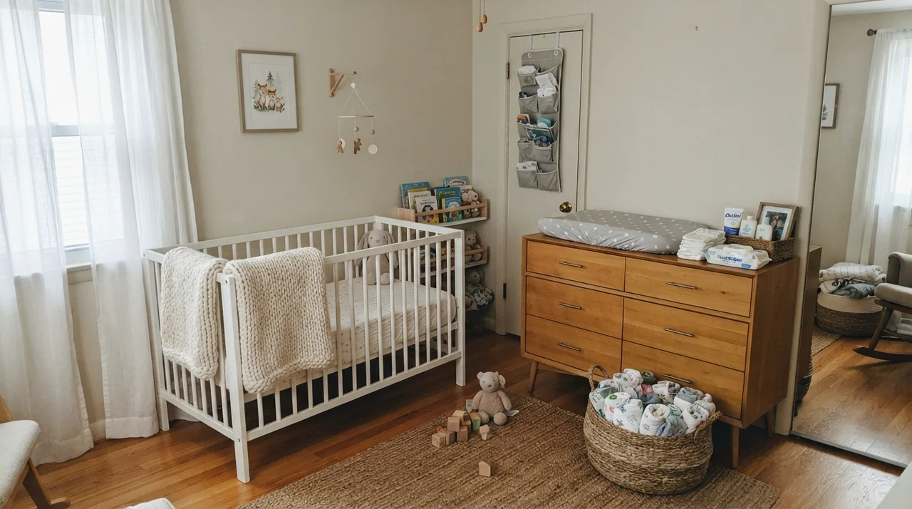 Nursery with walls painted in Benjamin Moore Natural Cream, white crib, and light wood changing dresser.