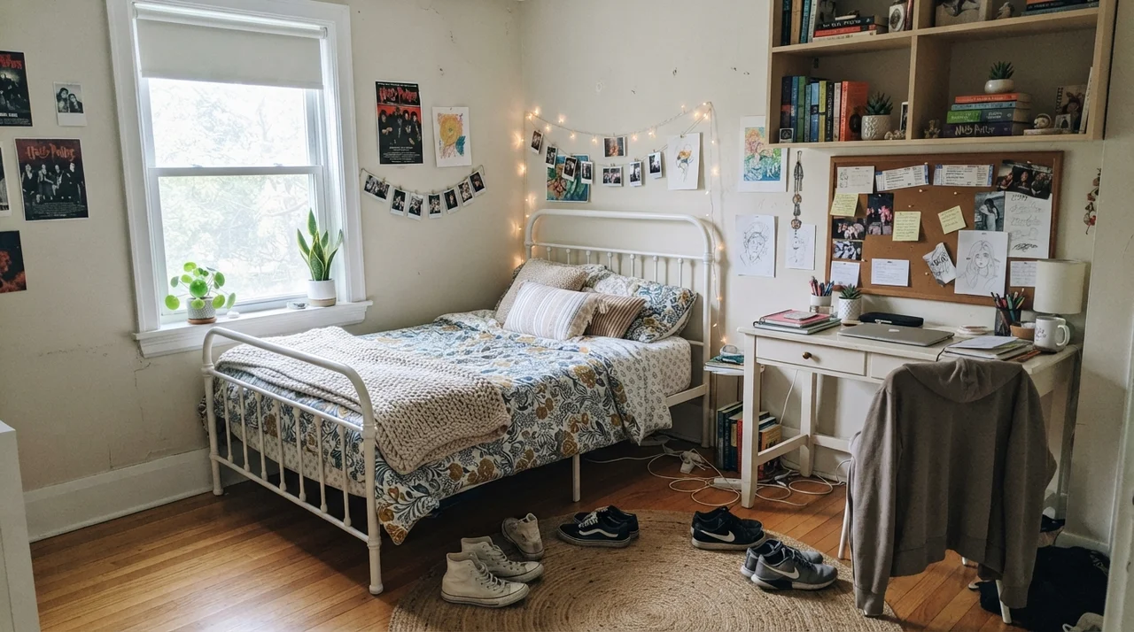 Teenager bedroom with painted Natural Cream walls, white metal bed, white desk, and corkboard.