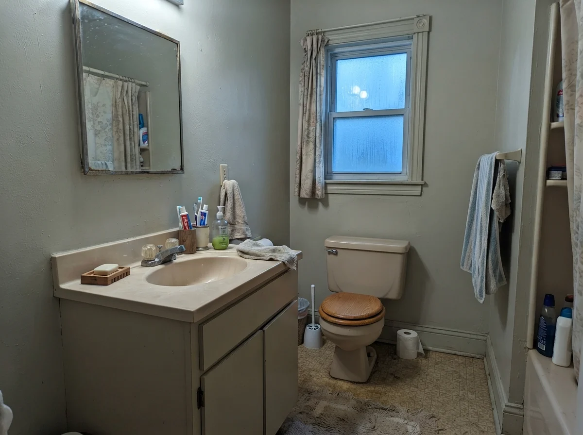 Dated bathroom showing cool cast on painted walls next to a beige vanity
